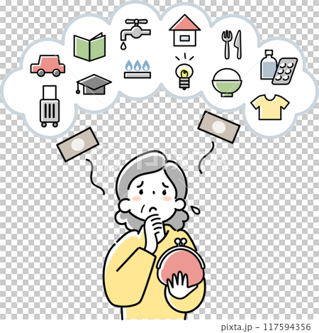 Upper body of a senior woman who is troubled by high household expenses 117594356