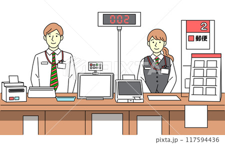 郵便局の窓口で働く受付の男性と女性のベクターイラスト 117594436