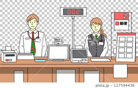 Vector illustration of a male and female receptionist working at a post office counter 117594436