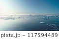Icebergs ice floes drift polar ocean in Antarctica. Wild nature arctic winter landscape. Global warming, climate change, melting ice. Panoramic aerial drone flight over frozen sea under blue sky 117594489