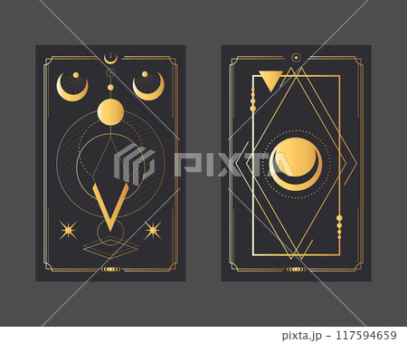 Golden magical tarot cards with geometric shapes, stars and crescents. Mystery, astrology, alchemy. Vector illustration 117594659
