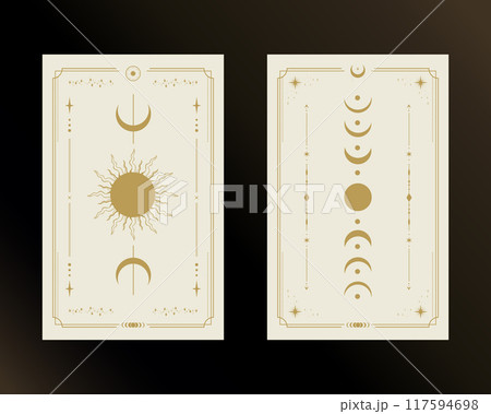 Magical tarot cards Sun and Moon in golden and white colors. Mystery, astrology, alchemy. Vector illustration Magical tarot cards Sun and Moon in golden and white colors. Mystery, astrology, alchemy. Vector illustration 117594698