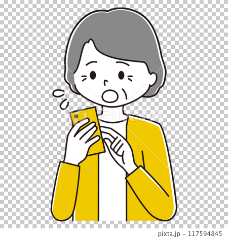 Illustration of an elderly woman tapping on her smartphone and panicking 117594845