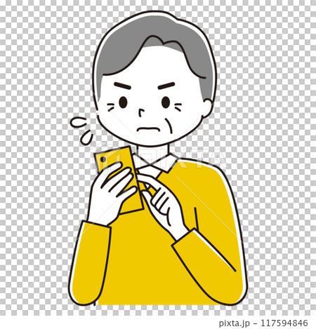 Illustration of an elderly man tapping on a smartphone and panicking Illustration of an elderly man tapping on a smartphone and panicking 117594846