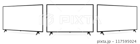 Realistic blank flat screen TV mockup from angled views 117595024