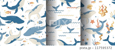 Set of Seamless patterns with cute whales and seaweed. Vector marine children s print with sea creatures for textiles, scrapbooking, wallpapers, etc. 117595372