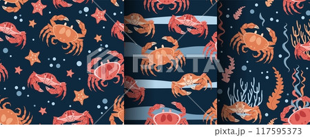 Vector seamless children s pattern with colorful crabs, shells and starfish on a white background. Suitable for baby prints, nursery decor, wallpaper, wrapping paper, stationery, scrapbooking, etc. Vector seamless children s pattern with colorful crabs, shells and starfish on a white background. Suitable for baby prints, nursery decor, wallpaper, wrapping paper, stationery, scrapbooking, etc. 117595373