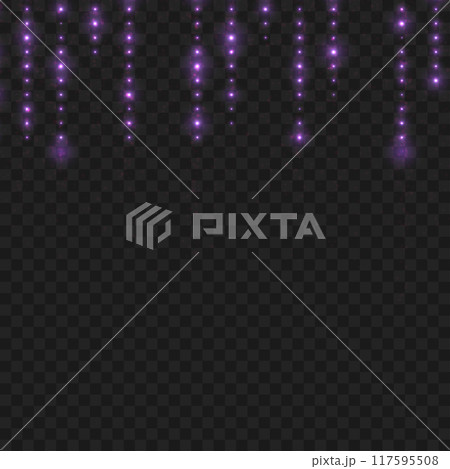 Hanging purple lights on dark background, evoking a mystical atmosphere. Vector 117595508