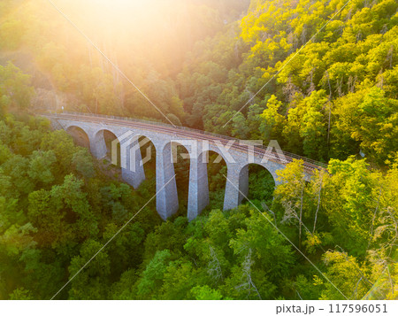 The Zampach stone railway bridge arches gracefully over lush greenery, illuminated by the warm glow of the setting sun, showcasing the harmony between nature and engineering. 117596051