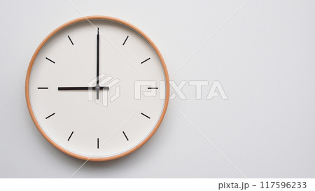 Minimalist wooden Wall Clock on White Wooden Surface with Space for Text. Time Set at 09.00/21.00 Minimalist wooden Wall Clock on White Wooden Surface with Space for Text. Time Set at 09.00/21.00 117596233