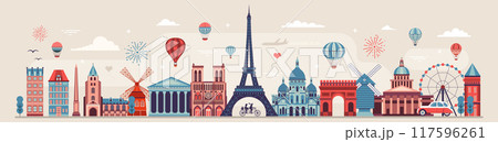 Travel Paris Web Banner with Popular Landmarks 117596261