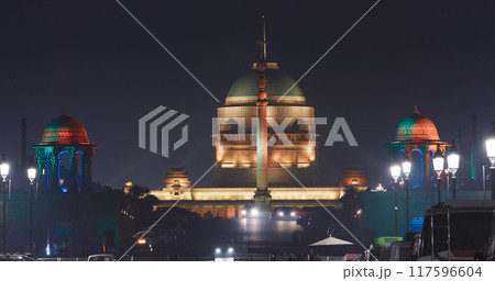 New Delhi, Delhi, India. Close up of Rashtrapati Bhavan, Viceroys House, official residence Presidential Palace in Kartavya Path, Rajpath Area. Rashtrapati Bhavan in evening night illumination lights 117596604