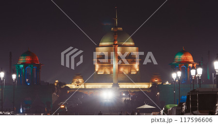 New Delhi, Delhi, India. Close up of Rashtrapati Bhavan, Viceroys House, official residence Presidential Palace in Kartavya Path, Rajpath Area. Rashtrapati Bhavan in evening night illumination lights New Delhi, Delhi, India. Close up of Rashtrapati Bhavan, Viceroys House, official residence Presidential Palace in Kartavya Path, Rajpath Area. Rashtrapati Bhavan in evening night illumination lights 117596606