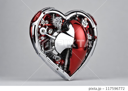 A mechanical heart with alternating sections of vibrant red and sleek chrome 117596772