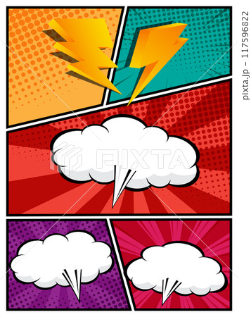 comic speech bubbles in white clouds on a vibrant pop art background vector illustration 117596822
