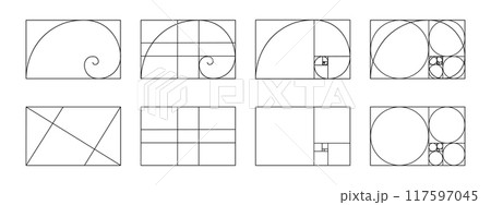 Set of golden ratio templates. Fibonacci sequence grids. Logarithmic spiral in rectangle frame divided on lines, squares and circles. Ideal symmetry proportions layouts. Vector graphic illustration 117597045