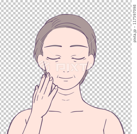 一位中年婦女閉著眼睛微笑的上半身,美女插畫 一位中年婦女閉著眼睛微笑的上半身,美女插畫 117597098