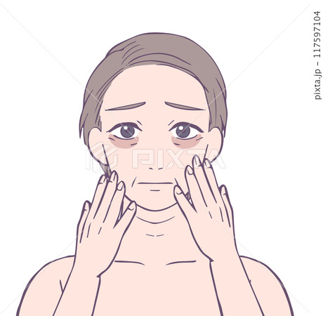 クマが出来て困った顔のミドル女性の上半身、ビューティーイラスト クマが出来て困った顔のミドル女性の上半身、ビューティーイラスト 117597104