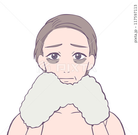 クマが出来て困った顔のミドル女性の上半身、ビューティーイラスト 117597113