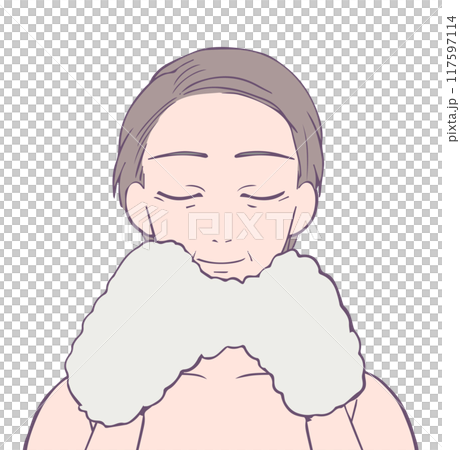 目を閉じて微笑むミドル女性の上半身、ビューティーイラスト 目を閉じて微笑むミドル女性の上半身、ビューティーイラスト 117597114