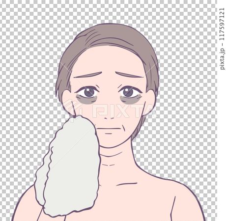 Upper body of a middle-aged woman with a troubled face due to dark circles under her eyes, beauty illustration Upper body of a middle-aged woman with a troubled face due to dark circles under her eyes, beauty illustration 117597121