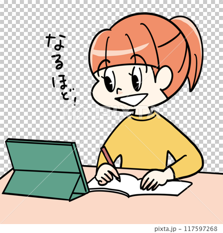 A girl studying on her own using a digital device A girl studying on her own using a digital device 117597268