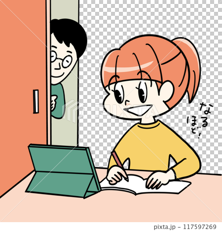 A girl studying on her own using a digital device and her father watching over her 117597269