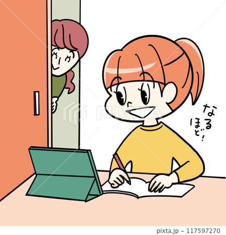 デジタルデバイスを使って自習する女の子と見守る母 デジタルデバイスを使って自習する女の子と見守る母 117597270