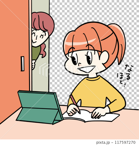 A girl studying on her own using a digital device and her mother watching over her 117597270