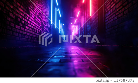 A dark hallway with neon lights and a foggy atmosphere. The lights are purple and blue, creating a mysterious and eerie feeling 117597375