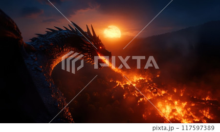 A dragon is spewing fire into the sky 117597389