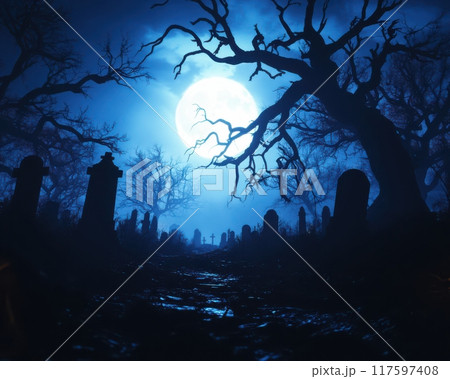 A graveyard with a large moon in the sky. The moon is reflecting on the water and the trees 117597408