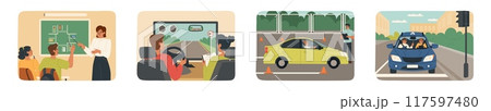 Different stages of education on driving lessons at school scene set 117597480