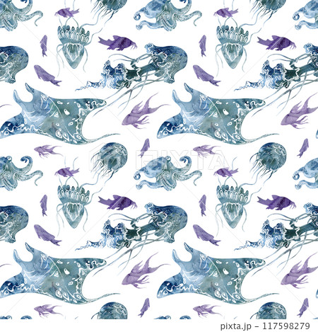 Watercolor and ink hand drawn marine life, sea ocean underwater creatures. fish, shells algae seaweed. Seamless pattern illustration, stylized, isolated on white. Zoo shop, aquarium, cosmetics, resort 117598279