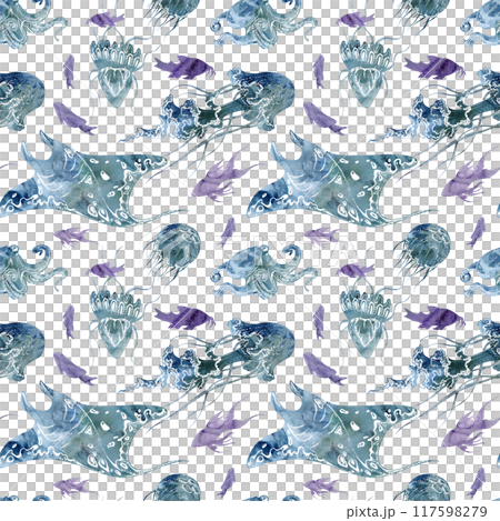 Watercolor and ink hand drawn marine life, sea ocean underwater creatures. fish, shells algae seaweed. Seamless pattern illustration, stylized, isolated on white. Zoo shop, aquarium, cosmetics, resort 117598279