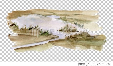 Scenery landscape ground, lake pool river stream water, moorland swamp pasture prairie grass, hand drawn in watercolor. Single isolated element for tourism, resort ads, hiking camping sites vacation. Scenery landscape ground, lake pool river stream water, moorland swamp pasture prairie grass, hand drawn in watercolor. Single isolated element for tourism, resort ads, hiking camping sites vacation. 117598280