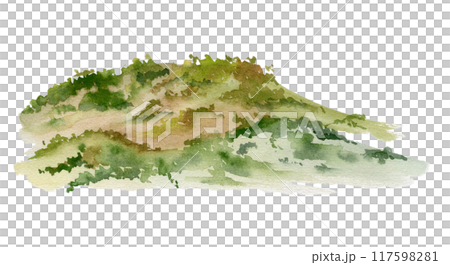 Scenery landscape hill mountain with dense forest fir spruce trees, grassy land alpine vista, hand drawn in watercolor. Single isolated element for tourism, resort ads, hiking camping sites vacation. Scenery landscape hill mountain with dense forest fir spruce trees, grassy land alpine vista, hand drawn in watercolor. Single isolated element for tourism, resort ads, hiking camping sites vacation. 117598281
