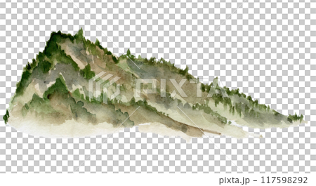 Scenery landscape grassy land alpine vista, hill mountain with dense forest fir spruce trees, hand drawn in watercolor. Single isolated element for tourism, resort ads, hiking camping sites vacation. Scenery landscape grassy land alpine vista, hill mountain with dense forest fir spruce trees, hand drawn in watercolor. Single isolated element for tourism, resort ads, hiking camping sites vacation. 117598292