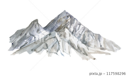 Scenery landscape mountain range snowy peaks crags cliffs alpine vista, illustration hand drawn in watercolor. Single isolated element for tourism, resort ads, maps, hiking camping sites vacation. Scenery landscape mountain range snowy peaks crags cliffs alpine vista, illustration hand drawn in watercolor. Single isolated element for tourism, resort ads, maps, hiking camping sites vacation. 117598296