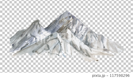 Scenery landscape mountain range snowy peaks crags cliffs alpine vista, illustration hand drawn in watercolor. Single isolated element for tourism, resort ads, maps, hiking camping sites vacation. Scenery landscape mountain range snowy peaks crags cliffs alpine vista, illustration hand drawn in watercolor. Single isolated element for tourism, resort ads, maps, hiking camping sites vacation. 117598296