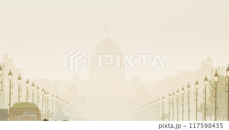 New Delhi, Delhi, India. Kartavya Path, Rajpath Area. Toxic smog cloud covered city. City Central Park. Ceremonial Boulevard Rajpath Or Kartavya Path Was Named Kingsway. Popular Public Space For New Delhi, Delhi, India. Kartavya Path, Rajpath Area. Toxic smog cloud covered city. City Central Park. Ceremonial Boulevard Rajpath Or Kartavya Path Was Named Kingsway. Popular Public Space For 117598435
