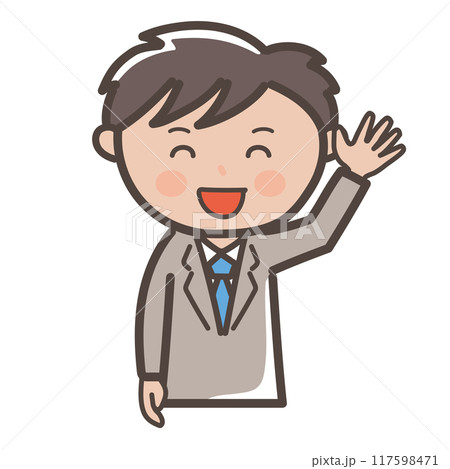 笑顔で手を振って挨拶をする男性ビジネスマンのイラスト 117598471