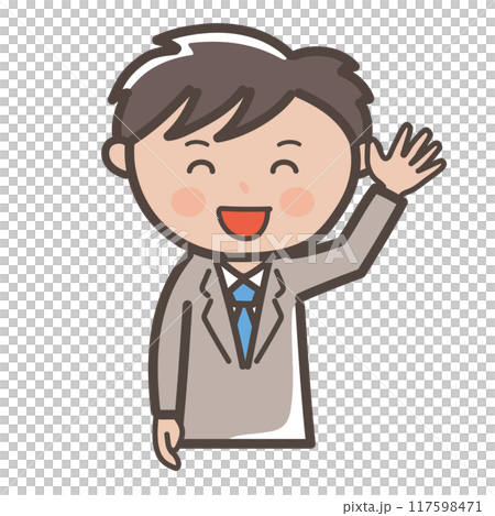 Illustration of a male businessman smiling and waving his hand in greeting Illustration of a male businessman smiling and waving his hand in greeting 117598471