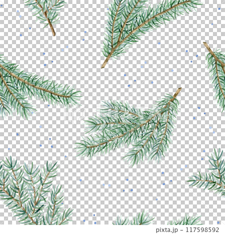 Pine tree branches and falling snow watercolor seamless pattern on white. Hand drawn green spruce background for holiday botanical decor for winter New Year greeting cards and prints 117598592
