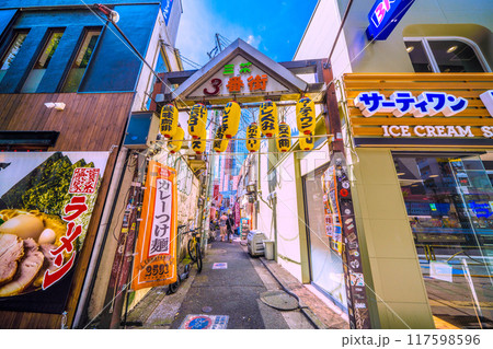 日本の東京都市景観 8月。三軒茶屋駅すぐの飲み屋街「三茶3番街」(三軒茶屋三角地帯)などを望む 日本の東京都市景観 8月。三軒茶屋駅すぐの飲み屋街「三茶3番街」(三軒茶屋三角地帯)などを望む 117598596