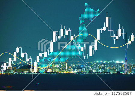 円ドル、株価チャート 都市風景とドット日本 円ドル、株価チャート 都市風景とドット日本 117598597