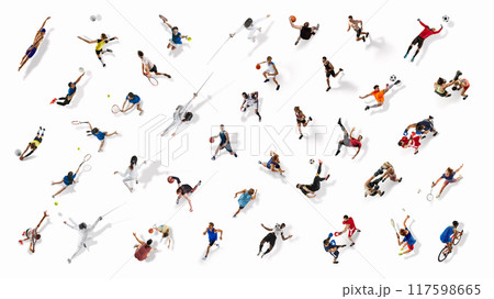 Collage. Multiple athletes, men and women of different sports in motion during training and competition session isolated on white background. Collage. Multiple athletes, men and women of different sports in motion during training and competition session isolated on white background. 117598665