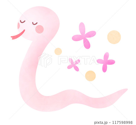 巳年 ピンク色の蛇とお花のイラスト 117598998