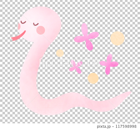 巳年 ピンク色の蛇とお花のイラスト 117598998
