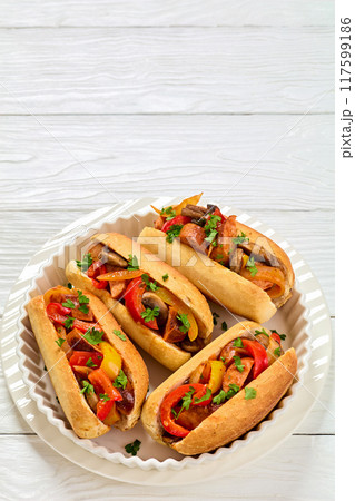 zesty sausage, pepper, mushroom and onion hoagies 117599186